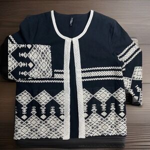 Sacred Threads Open Jacket Black Cream Embroidered Appliqué Geometric S/M